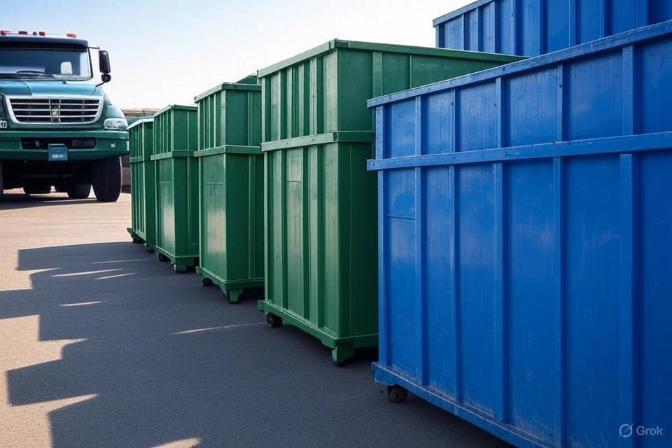 Roll-off dumpsters aligned for delivery
