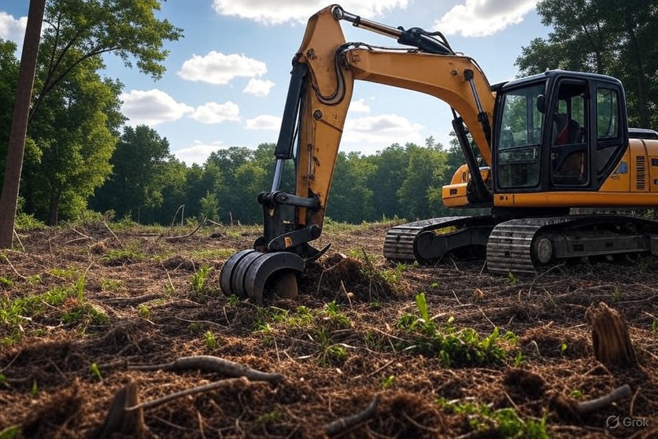 Clearing site with excavator